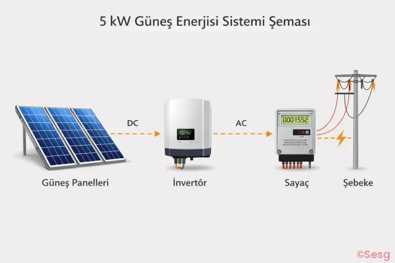 5 kW güneş enerjisi sistemi şeması: güneş panelleri, invertör, sayaç ve şebeke bağlantısı