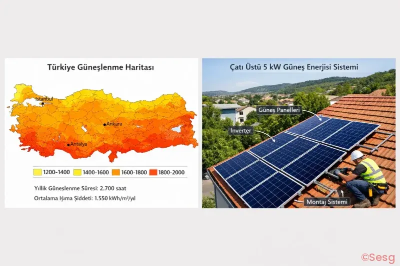 Türkiye güneşlenme haritası ve çatı üstü 5 kW güneş enerjisi sistemi panel yerleşimi