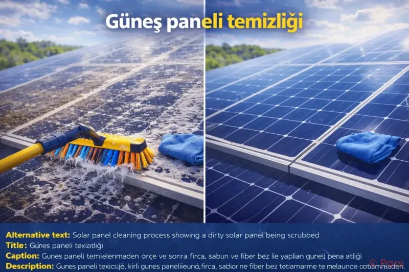 Güneş paneli temizliği için fırça, sabunlu su ve fiber bezle kirli panelin temizlenme sürecini gösteren detaylı görsel.