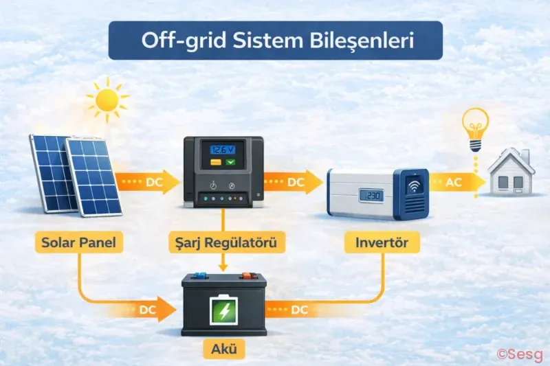 Off-grid güneş enerjisi sistemi bileşenleri akış şeması: güneş paneli, şarj regülatörü, akü bankası ve invertör bağlantı diyagramı