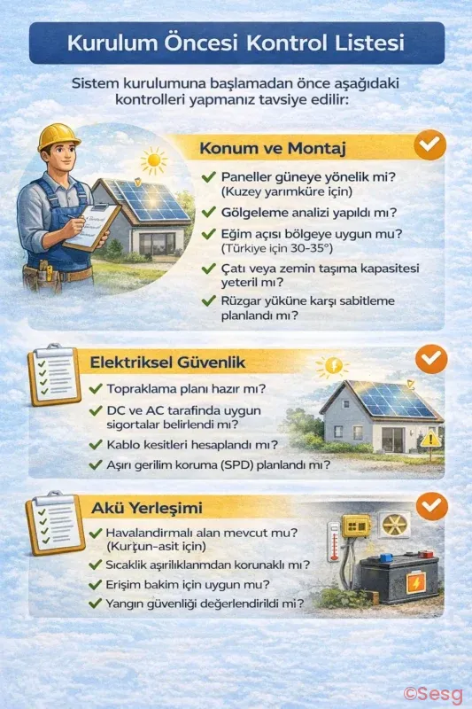 Off-grid güneş enerjisi sistemi kurulum öncesi kontrol listesi: konum ve montaj, elektriksel güvenlik, akü yerleşimi kontrol maddeleri