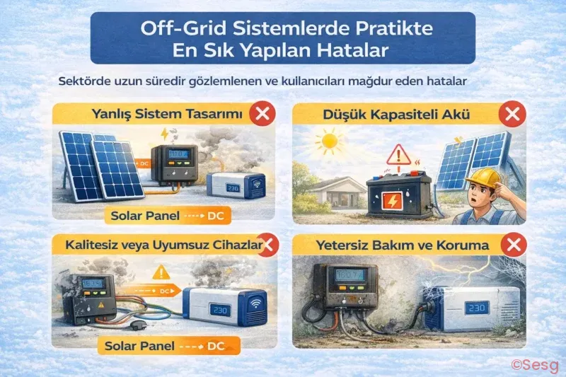 Off-grid güneş enerjisi sistemi kuran kullanıcıların pratikte en sık yaptığı hataları gösteren uyarı infografiği. Yetersiz akü kapasitesinin erken akü ölümüne yol açması, kış ayları yerine yaz güneşlenmesine göre boyutlandırma yapılması, ince kesitli kablo ve gevşek bağlantıların enerji kaybı ve yangın riski oluşturması, düzenli bakım planı yapılmamasının verim düşüşüne neden olması gibi kritik konuları kapsar.