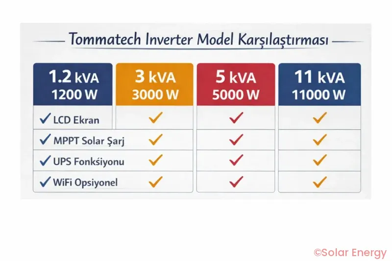 Tommatech inverter model karşılaştırması 1200 watt 3kw 5kw 11kw
